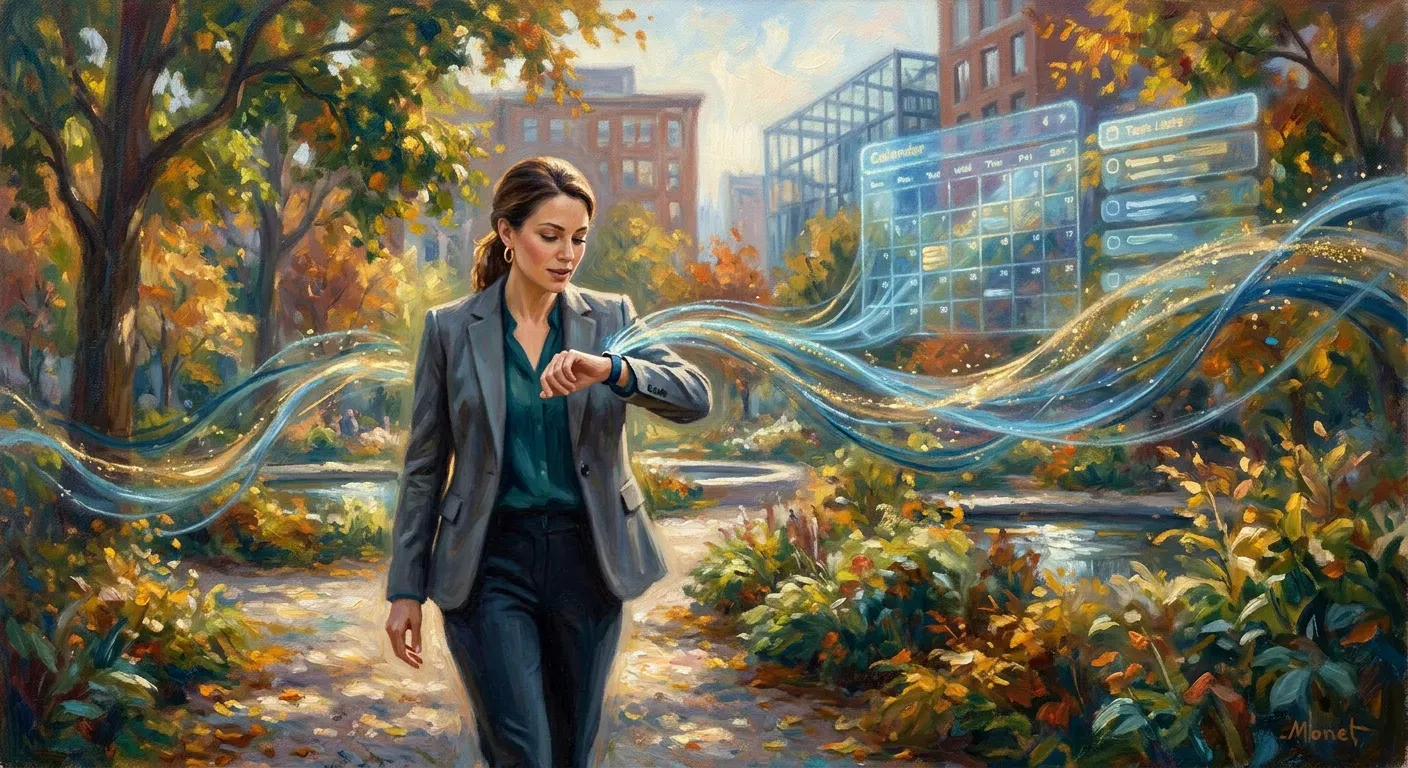 Impressionist painting of a professional capturing a voice note on a smartwatch, with artistic voice waves transforming into a floating calendar in a sunlit outdoor setting.