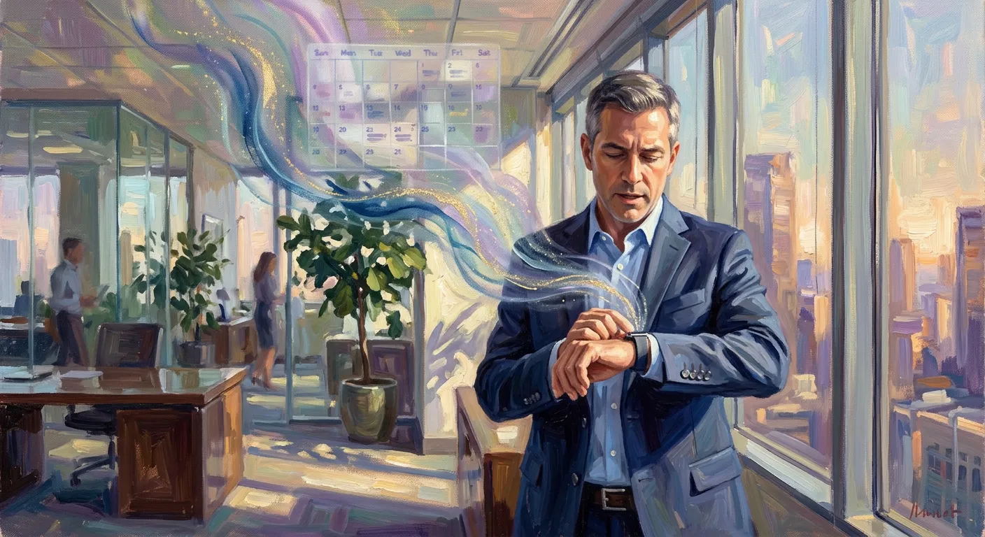A Monet-style impressionist illustration of a professional using voice commands on a smartwatch to manage a floating, artistic calendar grid in a light-filled room.