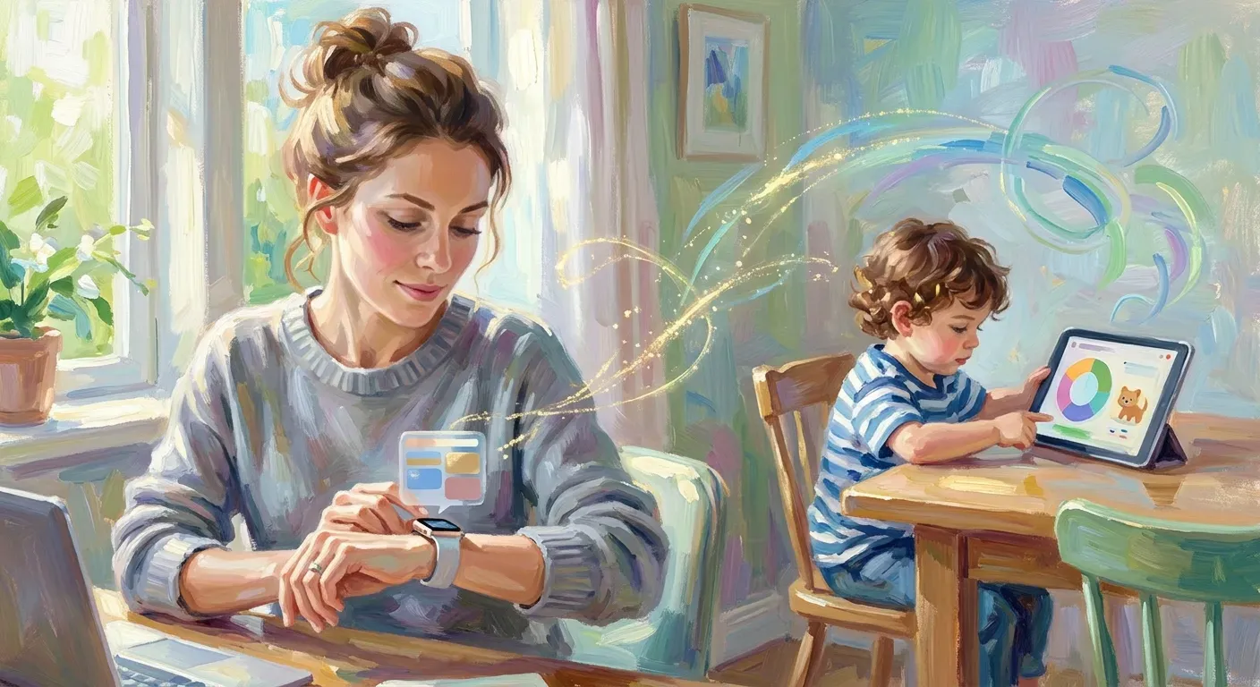 An impressionist painting in the style of Monet showing a parent in a sunlit kitchen, looking calm while speaking to their smartwatch, representing the ease of capturing thoughts amidst daily life.