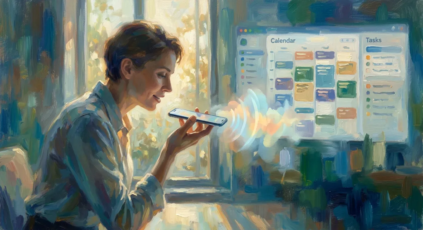 An impressionist painting in the style of Monet showing a professional speaking into their phone to manage a calendar, featuring a calming palette of blues, greens, and gold to represent organized productivity.