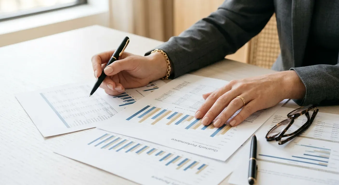 A professional reviewing financial charts and cost analysis documents on a clean desk to compare pricing.