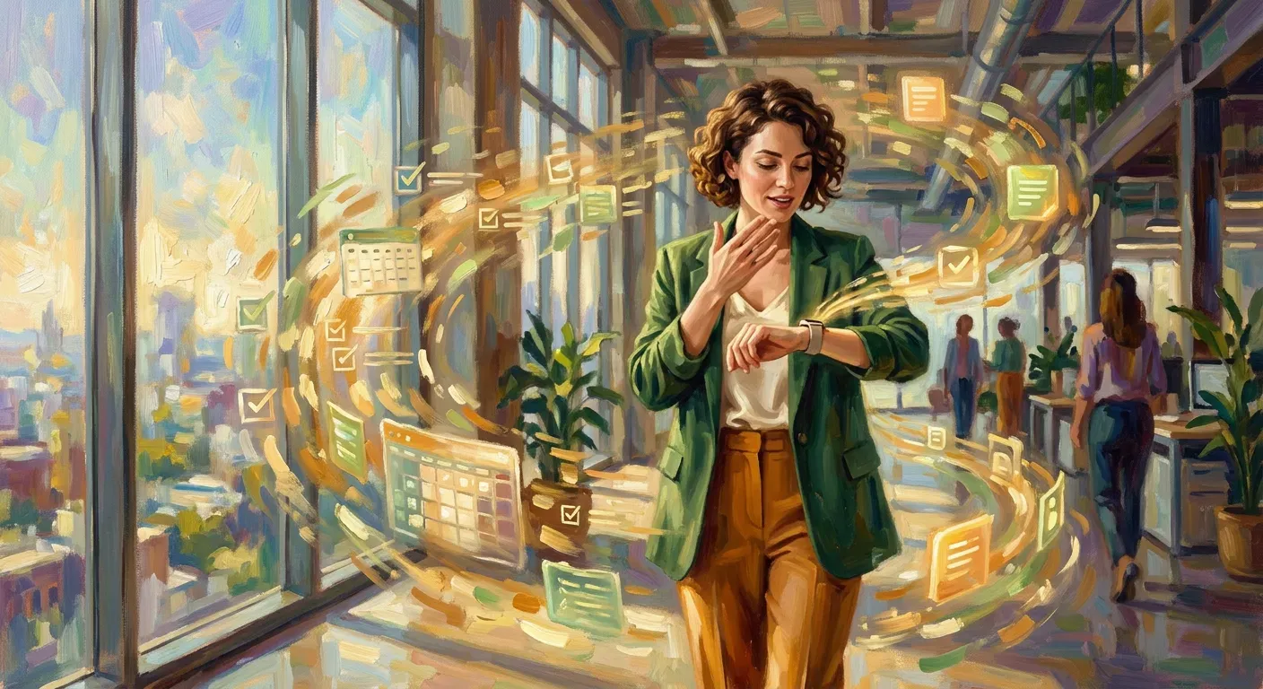 Impressionist painting of a professional using a smartwatch to capture thoughts, with calendar and task icons swirling together in a warm, golden light to represent a unified AI system.