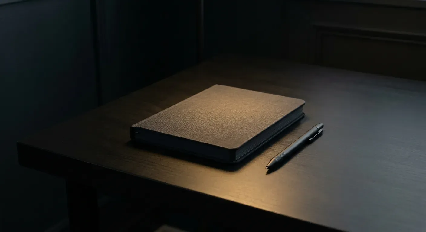 A minimalist dark workspace illuminated by a warm spotlight on a single notebook, representing focus and the elimination of visual clutter.